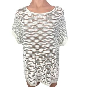 Chico's Pullover Top Sz 2/L White w Silver Metallic Cap Sleeve Sheer Cotton Blen